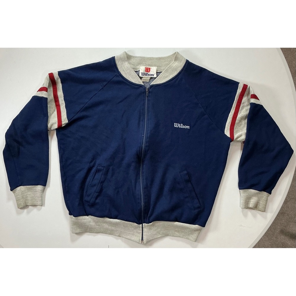 VTG 80s Wilson Tennis Track Jacket Mens L Navy Blue Grey Red Stripe Sporty Retro